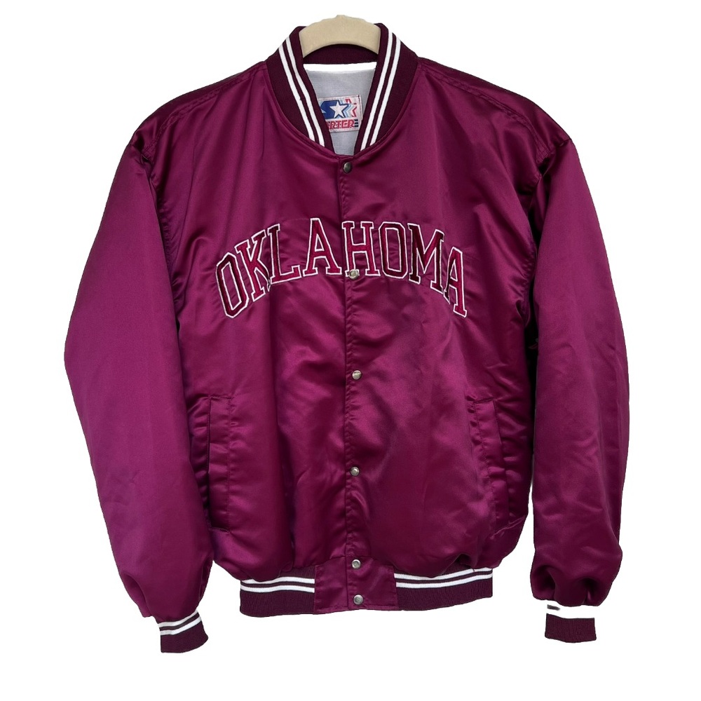 VTG Starter Oklahoma Sooners NCAA Spell Out Satin Bomber Jacket Mens Large